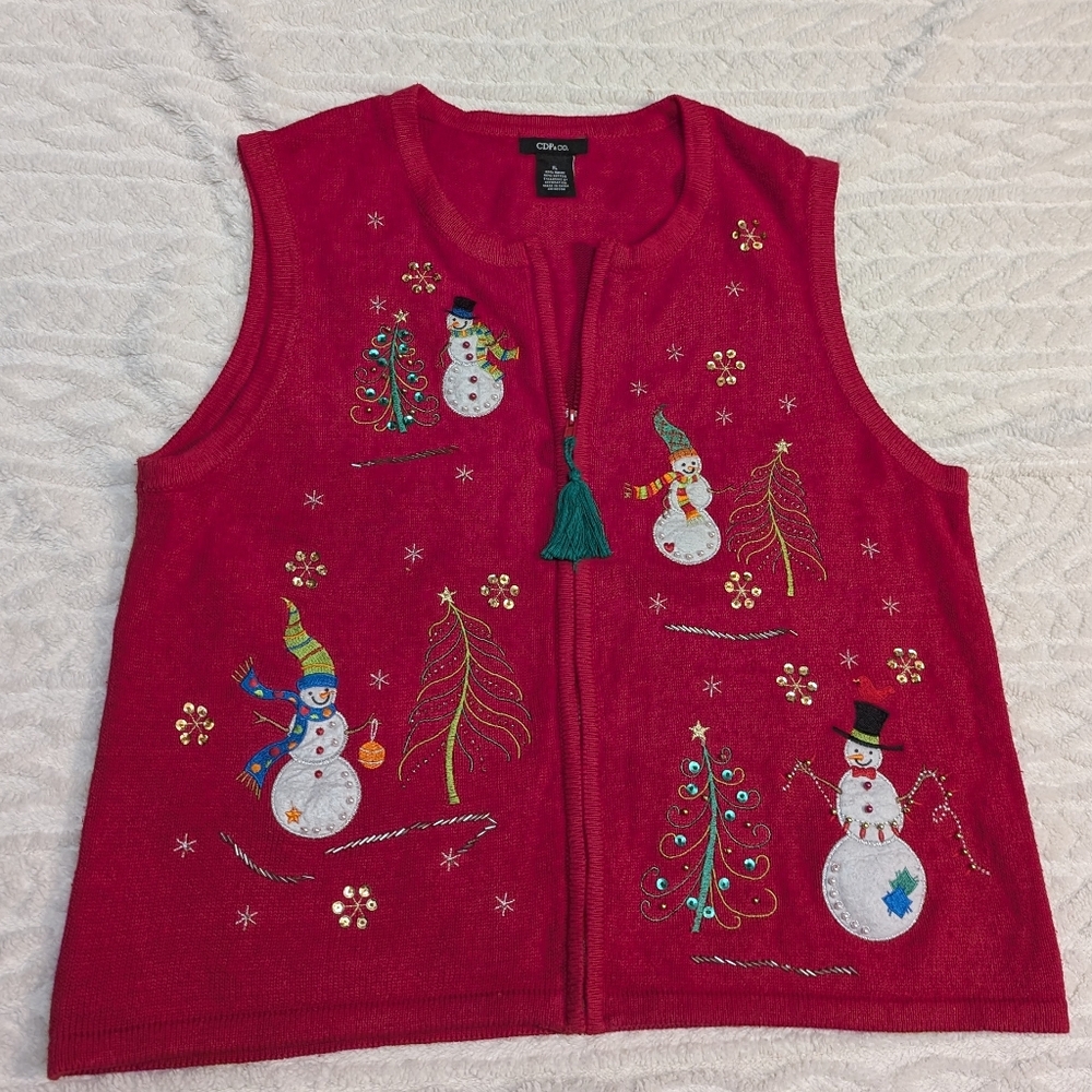 Ugly Christmas Sweater Vest Full Zip Retro Vintage Christmas Women's XL